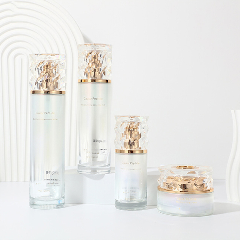 Farbiges Farbverlaufs-Kosmetikverpackungsset, bedruckte leere Gesichtscremedose, Hautpflege-Glaslotionflasche mit Pumpe Farbiges Farbverlaufs-Kosmetikverpackungsset, bedruckte leere Gesichtscremedose, Hautpflege-Glaslotionflasche mit Pumpe