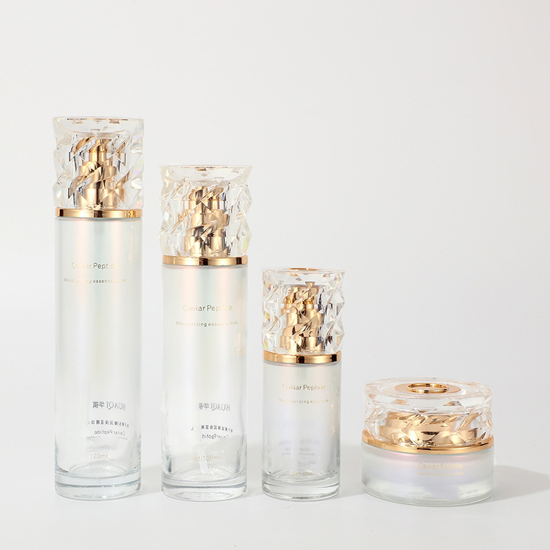 Farbiges Farbverlaufs-Kosmetikverpackungsset, bedruckte leere Gesichtscremedose, Hautpflege-Glaslotionflasche mit Pumpe Farbiges Farbverlaufs-Kosmetikverpackungsset, bedruckte leere Gesichtscremedose, Hautpflege-Glaslotionflasche mit Pumpe