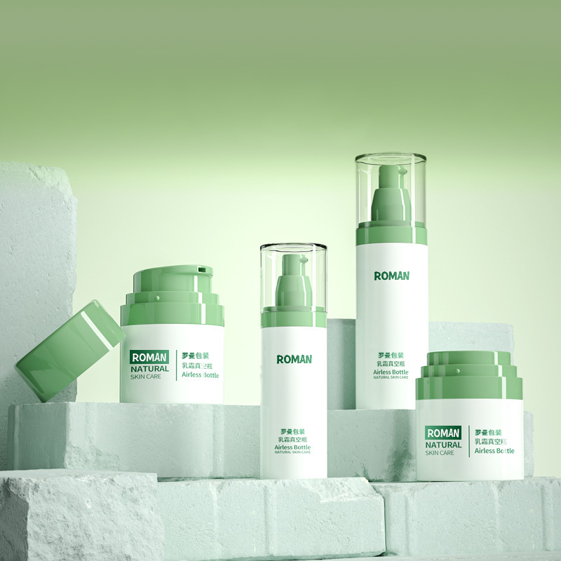 Kunststoff-Kosmetikverpackung, Gesichtscreme-Flasche, 30 ml, 50 ml, 80 ml, grünes Airless-Pumpflaschen-Set mit Galvanisierung für Anti-Age-Serum-Flasche