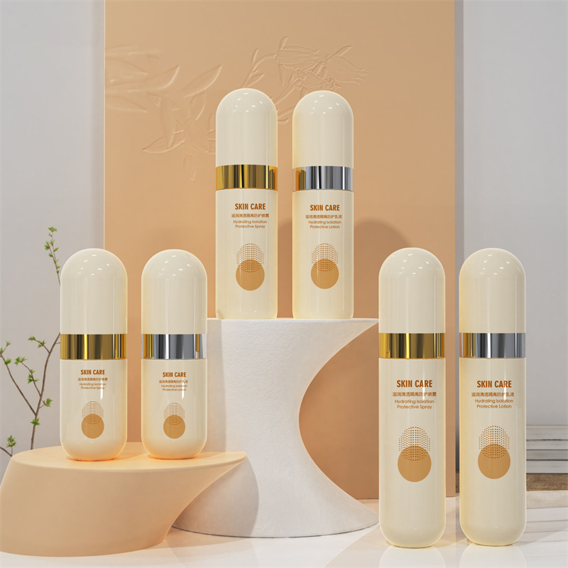 Leere Feinnebel-Gold-Silber-Rand-PET-40-ml-60-ml-80-100-ml-Beige-Kunststoff-Sprühflasche mit rundem Deckel für die Verpackung von Gesichtskosmetik