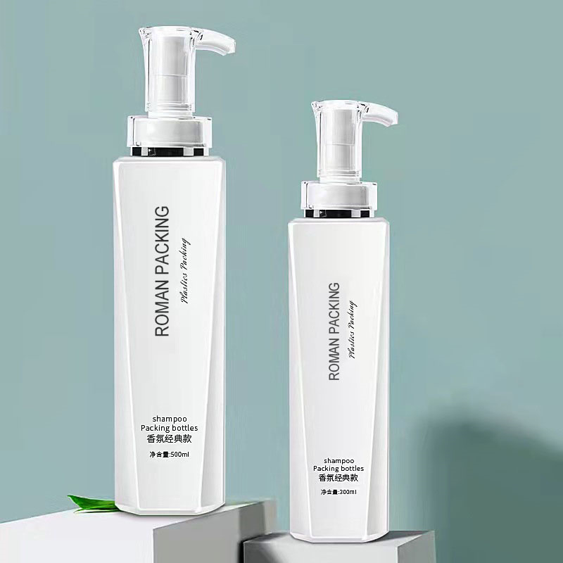 Luxuriöse weiße 300 ml 500 ml lange und schlanke Lotionspumpen-Shampoo-Flasche, Duschgel-Körperwaschverpackung mit goldener Pumpe