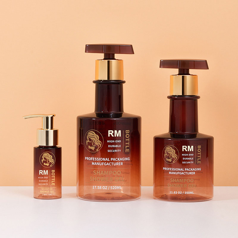 Kostenlose Probe Bernstein Schwarz Gold Langhals-Shampoo-Flasche Leere Handwaschflasche Kunststoff-Körperlotion-Pumpflaschen 300 ml 500 ml